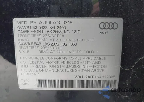 2016 Audi Q5 2.0T Premium from USA, damaged, VIN WA1L2AFP1GA127825
